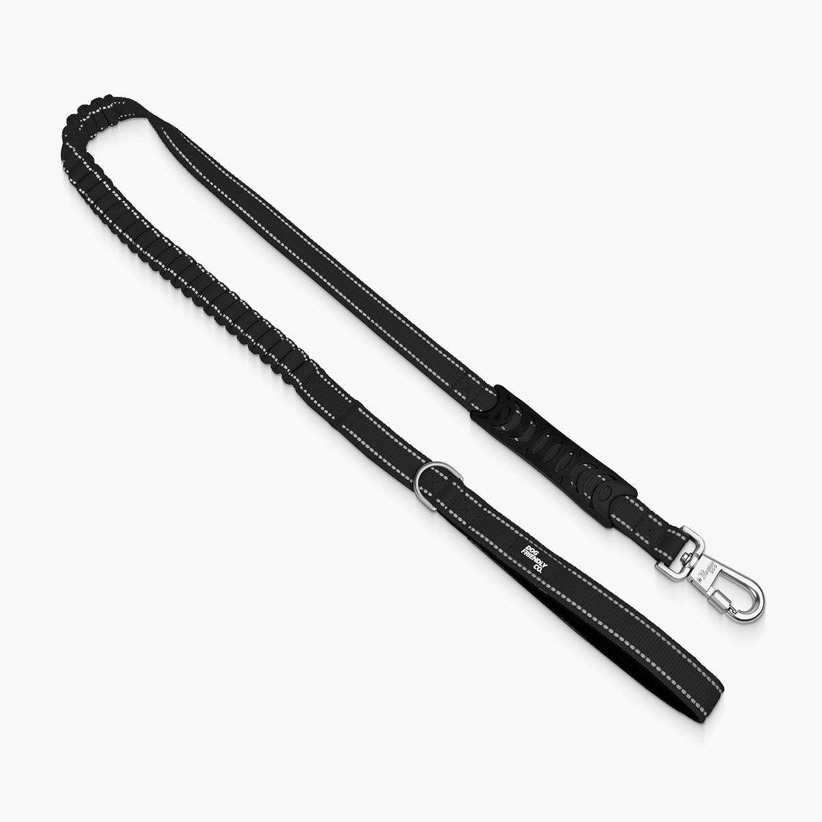 Black bungee dog leash with padded handle, shock-absorbing bungee, metal D-ring and heavy-duty clip.