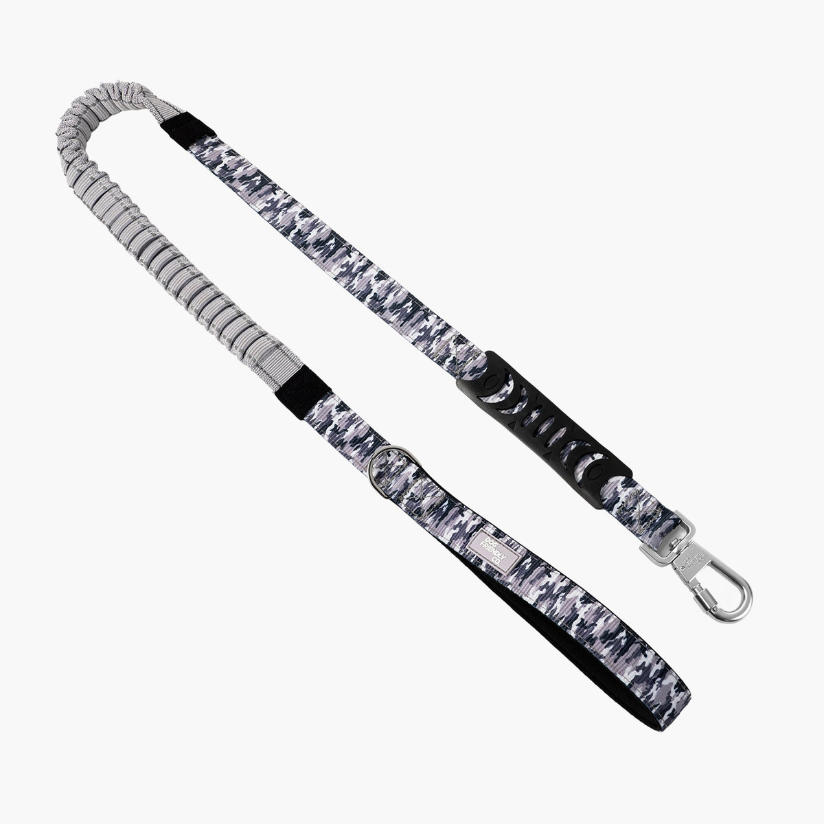 Grey Camo bungee dog leash with padded handle, heavy-duty clip and metal D-ring.