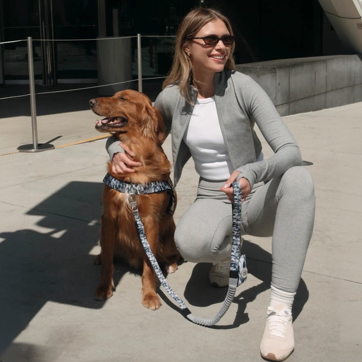 Dog wearing a Grey Camo harness with an owner holding the matching bungee dog leash.