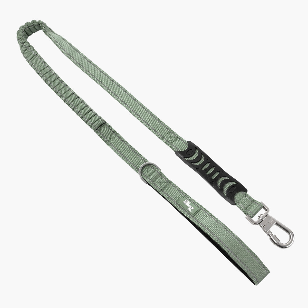 Premium khaki bungee dog leash with padded handle, shock-absorbing bungee, metal D-ring and heavy-duty clip.