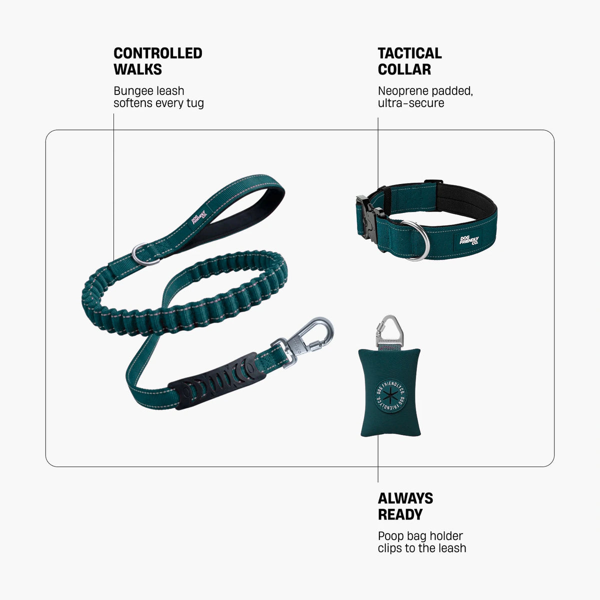 Collar Walk Set in Forest. Controlled walks: bungee leash softens every tug. Tactical collar: neoprene padded, ultra-secure. Always ready: poop bag holder clips to the leash.