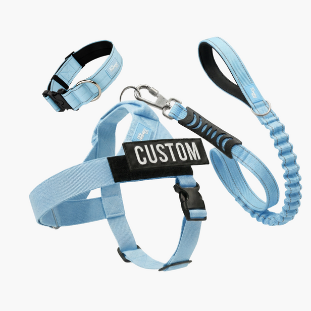 Sky Blue Dog Lovers Pack featuring a lightweight dog harness, tactical collar, leash, and custom name patch.