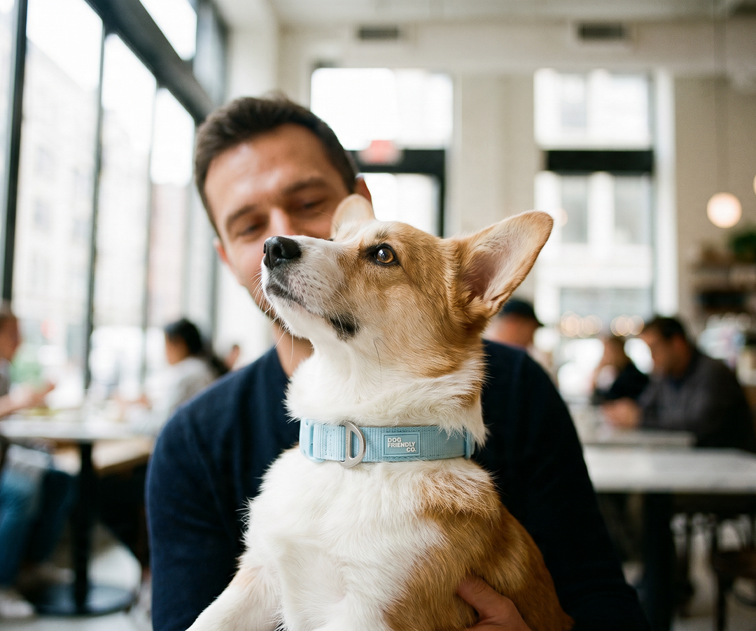 Man in a café holding a corgi wearing a sky blue Essentials Collar.