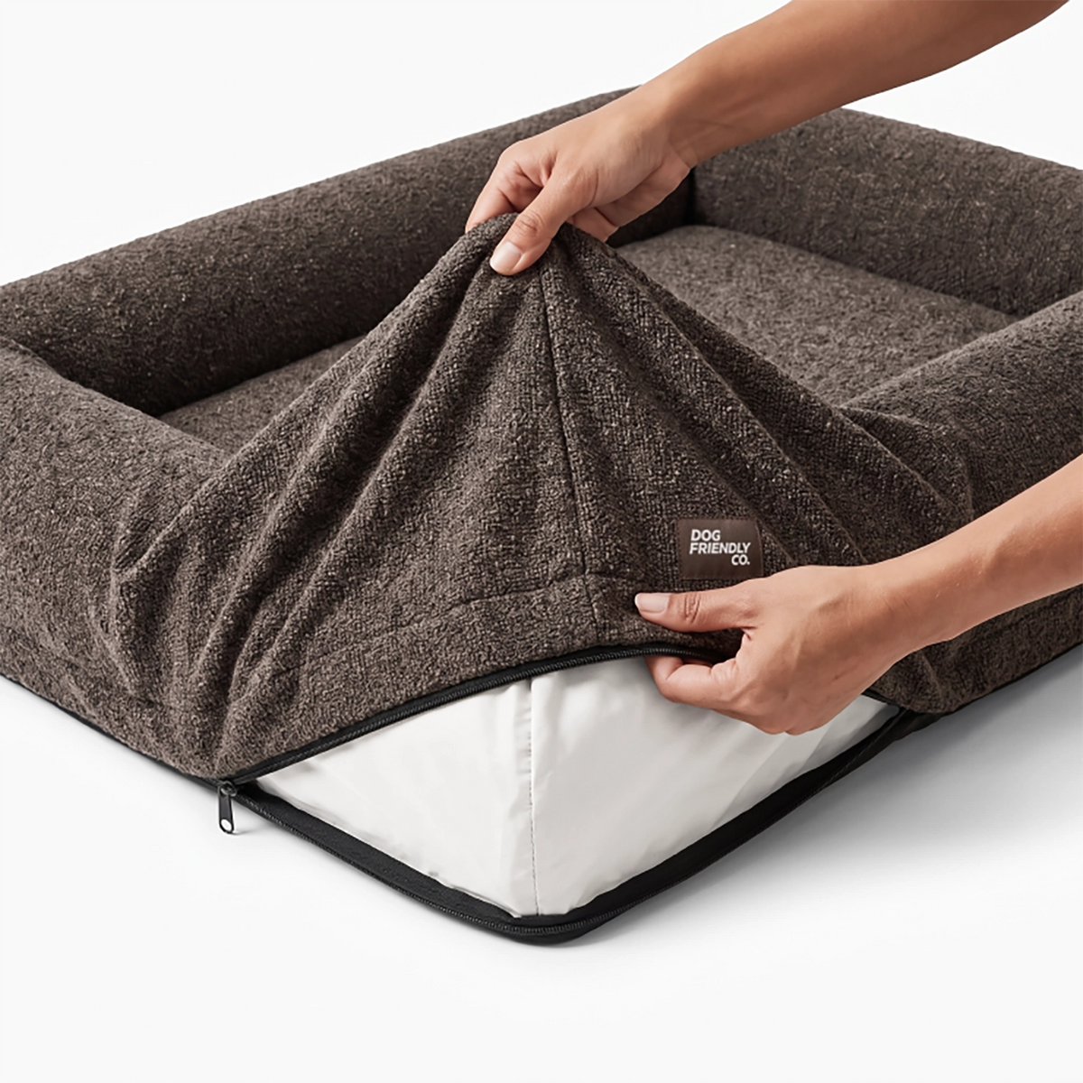 Brown bouclé replacement cover fitted over a Dog Friendly Co. dog bed.