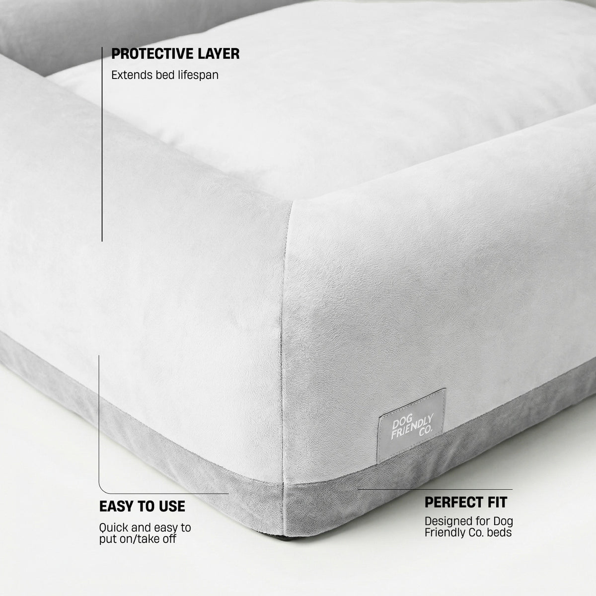Grey replacement cover labeled with protective layer, easy to use, and perfect fit features.