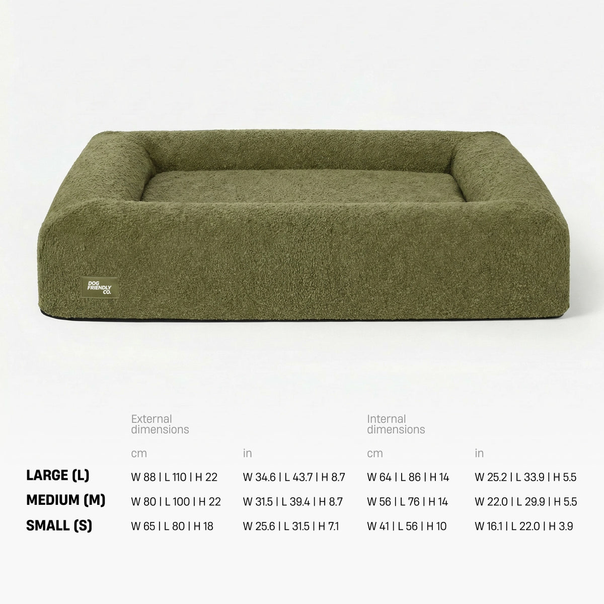 Bed size chart in centimetres and inches, width by length by height. Large: external 88 by 110 by 22, internal 64 by 86 by 14. Medium: external 80 by 100 by 22, internal 56 by 76 by 14. Small: external 65 by 80 by 18, internal 41 by 56 by 10.