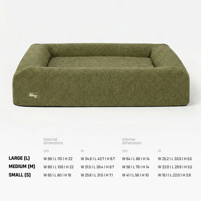Bed size chart in centimetres and inches, width by length by height. Large: external 88 by 110 by 22, internal 64 by 86 by 14. Medium: external 80 by 100 by 22, internal 56 by 76 by 14. Small: external 65 by 80 by 18, internal 41 by 56 by 10.