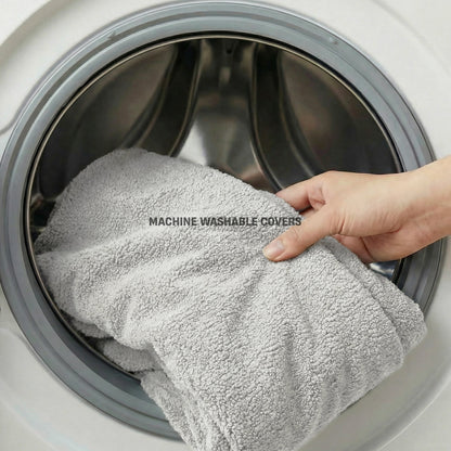 Grey Bouclé dog bed cover being removed for machine washing.